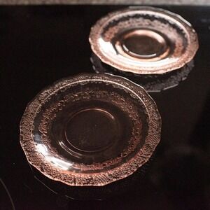 Federal Glass Pink Normandie Pair Saucers Bouquet and Lattice Pattern Vintages O